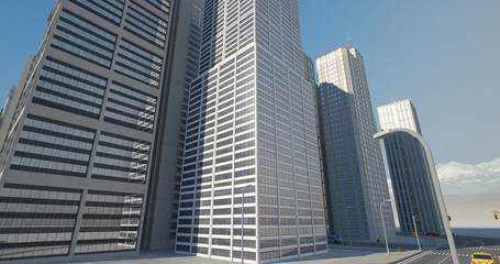 Fototapeta na wymiar Metropolitan Aerial City Flight Render With Skyscrapers