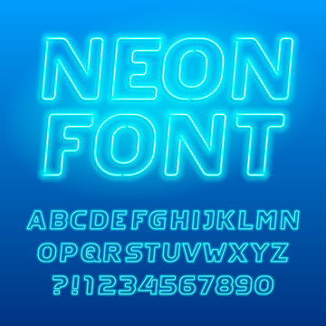 Neon lamp alphabet font. Neon color italic letters, numbers and symbols. Stock vector typography for your design.