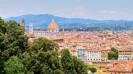 Aerial view of Florence with the Basilica Santa Maria del Fiore (Duomo) seen from the 