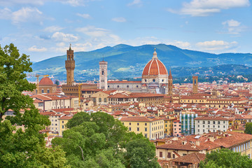 Fototapeta na wymiar Aerial view of Florence with the Basilica Santa Maria del Fiore (Duomo) and tower of 