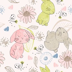Vector seamless pattern with cartoon cute bunnies
