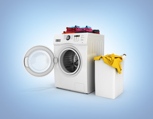 Concept of washing clothes Washing machine with colored towels and washing basket with dirty clothes isolated on blue gradient background 3d render
