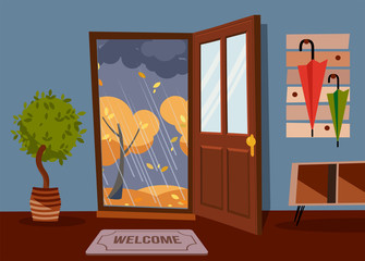 The interior hallway with the door open, a coat rack with umbrellas and house tree. Outside autumn rainy evening and yellow trees. Wall with little table for keys. Flat cartoon vector illustration.