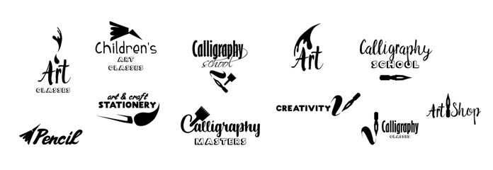 Art classes lettering logo design set. Calligraphy school, masters, craft shop logo with hand, calligraphic fonts. Black metal laser cut collection. Art and creativity logotype. Isolated vector