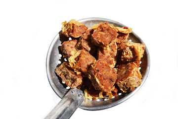 Deep Fried Crab Meat Rolls or Hoi Jo in colander  , Traditional local Chinese food for appetizer on white background
