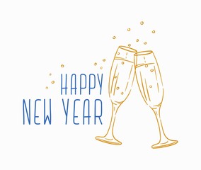 Happy New Year message handwritten with calligraphic font. Written festive phrase or wish decorated by clinking champagne glasses. Seasonal vector illustration for holiday greeting card, postcard. © Good Studio