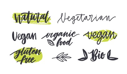 Set of labels with written inscriptions for gluten free, vegetarian, organic products, natural healthy food. Collection of tags isolated on white background. Colored hand drawn vector illustration.