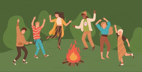Group of happy young men and women dancing around bonfire in forest. People enjoying party in woods. Male and female cartoon characters jumping beside fire. Colorful vector illustration in flat style.