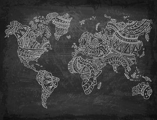 Doodle world map on a chalkboard background. Hand-drawn continents. Vector illustration. Ethnic patterns.