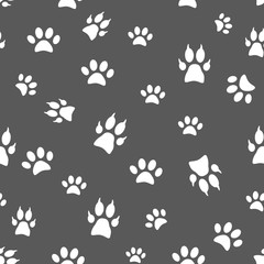 Vector seamless pattern and background with icons footprint to pets and animals - abstract background for pet shop websites and prints. White marks on a gray background.