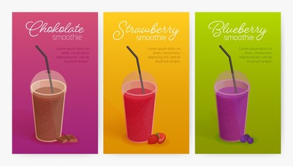 Collection of flyer or poster templates with delicious smoothies or healthy tasty detox drinks in plastic glasses with lid and straw. Colorful vector illustration for advertisement, promotion.