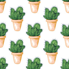 Mexican Cactus Seamless Pattern. Green Color. Spines or Thorns and Flowers. Edible Esculent Cacti Like Saguaro, Indian Fig or Mammillaria. Latin theme for Wallpaper or Fabric Textile Printing Design