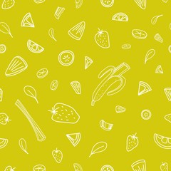 Seamless pattern with slices of tasty berries, vegetables and tropical fruits drawn with contour lines on green background. Trendy vector illustration for wrapping paper, fabric print, wallpaper.