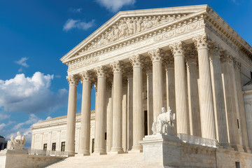 The front facade of the United States Supreme Court in Washington, DC, USA.