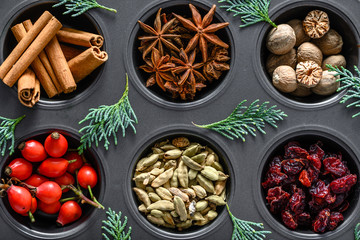 Christmas spices for baking, food background, top view, flat lay