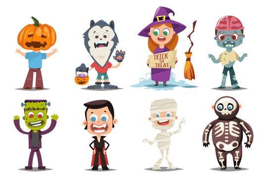 Halloween kids costumes: pumpkin, vampire, werewolf, zombie, frankenstein, witch with a broom, mummy and skeleton. Vector cartoon set of cute boy and girl characters isolated on white background.