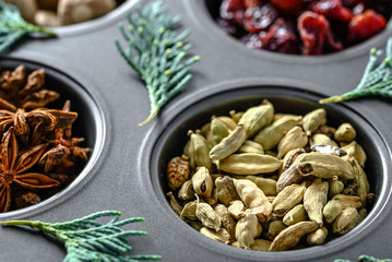 Dry cardamom. Christmas spices for baking. Seeds in form.