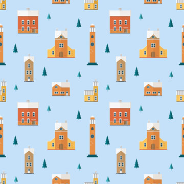 Seamless pattern with old buildings, clock towers, spruce trees