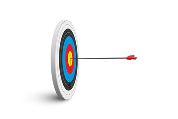 Archery target with red arrow isolated on white background. Vector poster or banner template.