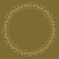 Golden circle frame on dark golden background. Filigree lace patterns, luxurious art deco design invitation. Embossed patterns with 3d effect. Oriental design, vector illustration