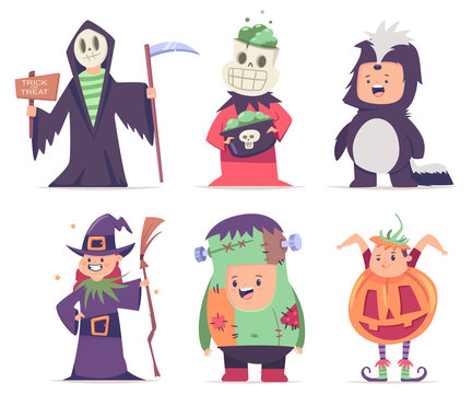 Kids Halloween costumes: pumpkin, zombie, skunk, witch, skeleton and grim reaper. Vector cartoon set of cute boy and girl characters isolated on white background.