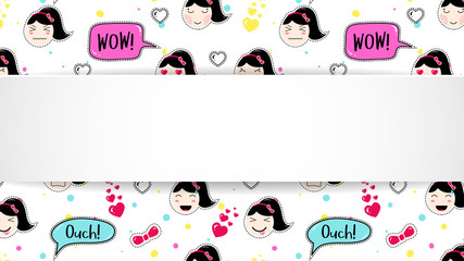Girl banner with anime emoji pattern. Cute stickers with emoticon and 3d paper. Childish girl banner with kawaii asian faces. Template for fashion and make up sales, ads, special offers and flyers.