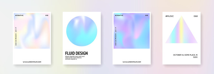 Hologram abstract backgrounds set. Vintage hologram backdrop with gradient mesh. 90s, 80s retro style. Iridescent graphic template for placard, presentation, banner, brochure.