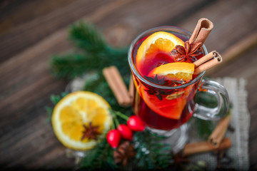 Christmas mulled wine with spices, hot drink