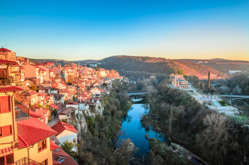 Fototapeta premium Aerial view of Veliko Tarnovo in a beautiful autumn day, Bulgaria