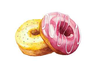 Watercolor donuts isolated on a white background, llustration.