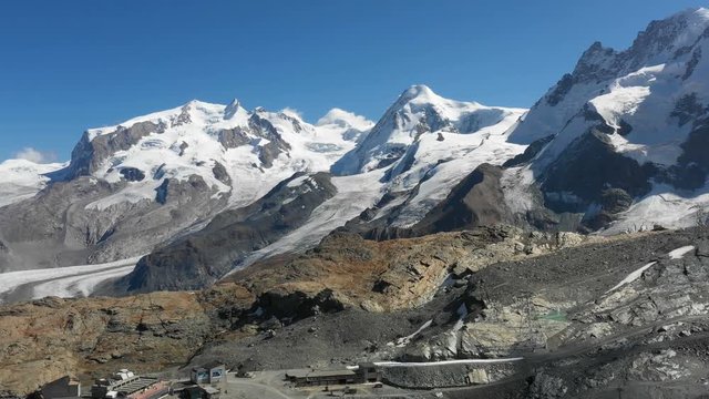 Aerial view of the cable car station Trockener Steg with the Monte Rosa Alps in Zermatt, Switzerland
