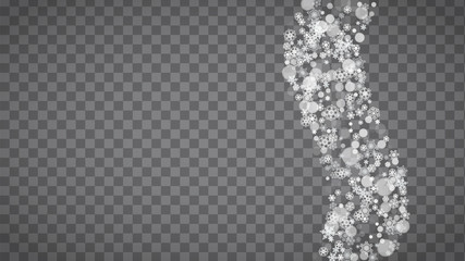 Isolated snowflakes on transparent grey background. Winter sales, Christmas and New Year design for party invitation, banner, sale. Horizontal winter window. Magic isolated snowflakes. Silver flakes
