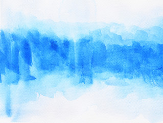 Blue stains flow on white surface ,  Illustration abstract and bright background from watercolor hand draw on paper
