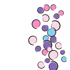 Pop art background with comic polka dot confetti. Big colored spots, spirals and circles on white. Vector illustration. Retro childish splash for birthday party. Rainbow pop art background.