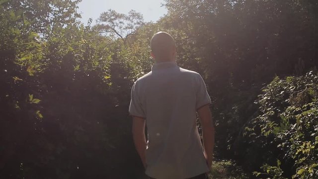 Handsome young man hiking in lush green mountain scenery, walking up the hill, seen from the back. following from behind, man walking through forest