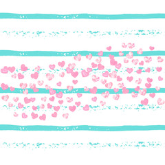 Pink glitter confetti with hearts on turquoise stripes. Shiny random sequins with metallic sparkles. Design with pink glitter confetti for party invitation, event banner, flyer, birthday card.