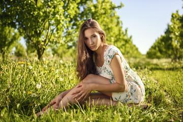 Naklejka na ściany i meble A brown-haired girl sitting leisurely on grass in a picturesque orchard.