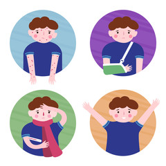 A boy and a rash. A boy and a broken arm. A boy and a cold. A healthy boy. Set of vector illustration in cartoon style.