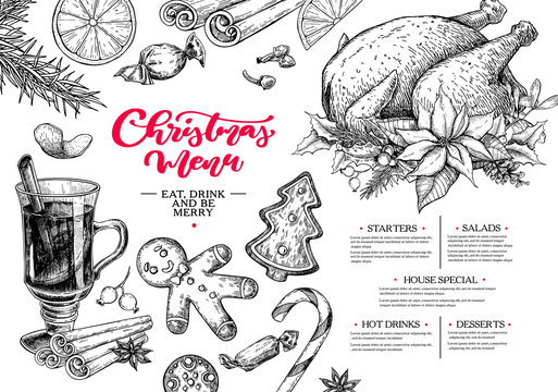 Christmas menu. Winter restaurant and cafe sketch template