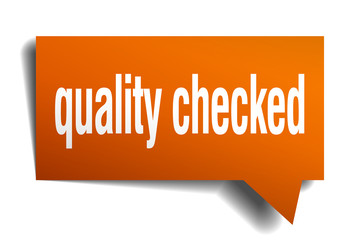 quality checked orange 3d speech bubble