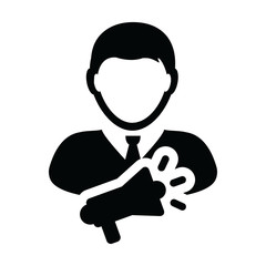 Advice icon vector male person profile avatar symbol with megaphone for promotion in glyph pictogram illustration