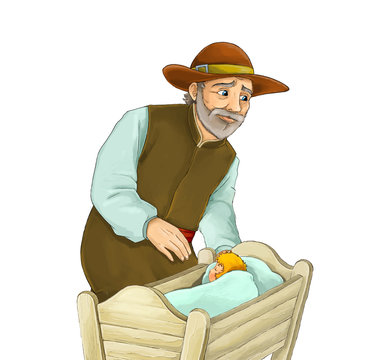 recommend clip art: cartoon fairy tale character - medieval farmer on white background standing near baby in wooden cradle - illustration for children
