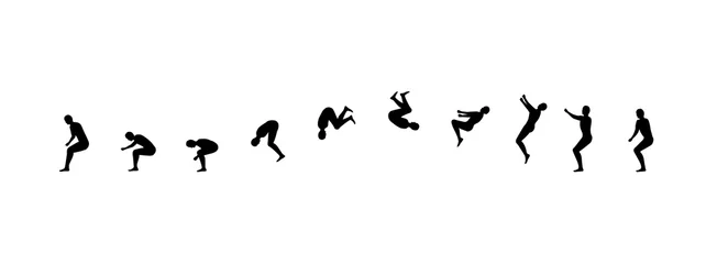Fotobehang Man running and jumping sequence vector illustration frames collection. Acrobatic sport animation shapes © streptococcus