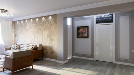 Interior of the living room in gray tones 3D illustration