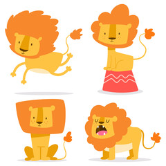 Cute lion simple vector cartoon set. Flat funny African animal character isolated on white background.