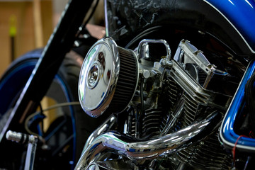 Engine close up shot of beautiful and custom made motorcycle