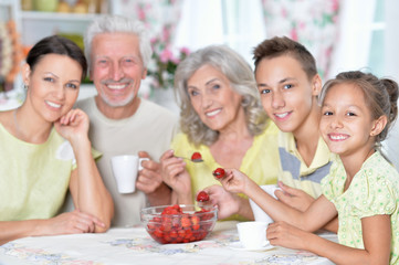 Portrait of big happy family eating fresh strawberries