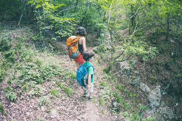 A woman and her child walk along a forest trail.