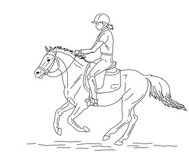 An illustration of a young rider cantering on a big pony.