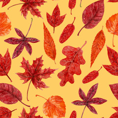 Red autumn leaves painted with watercolors, seamless pattern for design.